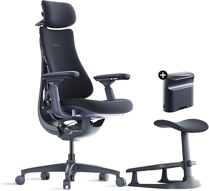 LiberNovo Dynamic Ergonomic Desk Chair + StepSync Footrest + Extra Battery Bundle - Comfy Home Office Chair with Adaptive Lumbar Support 160° Recline &amp Built-in Spine Stretch Black+45cm