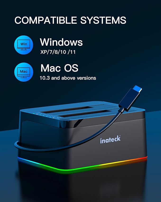 Inateck RGB USB 3.0 USB-C Port Hard Drive Docking Station with Offline Cloning for 2.5/3.5 Inch SATA HDDs and SSDs 2 x 20TB Dual Bay Docking Station UASP Supported SA02003C