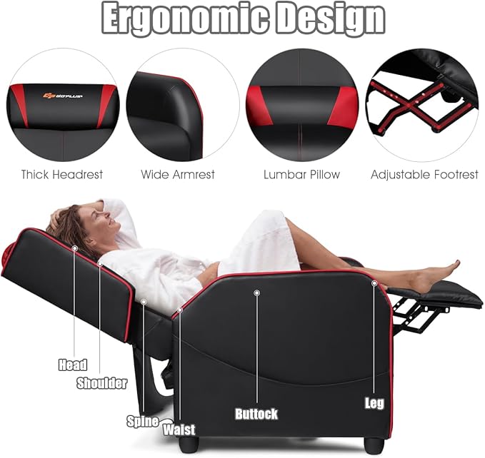Goplus Massage Gaming Recliner Chair Racing Style PU Leather Single Recliner Sofa with Footrest Adjustable Modern Living Room Recliners Ergonomic Home Theater Recliner Seat (Red)
