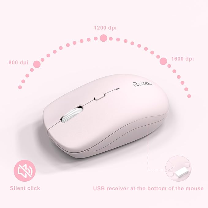 Wireless Keyboard and Mouse Combo Full-Sized Quiet Wireless Keyboard and Adjustable DPI Mouse 2.4GHz USB Receiver Keyboard and Mouse for PC Windows Desktop Laptop (Pink and White-B)