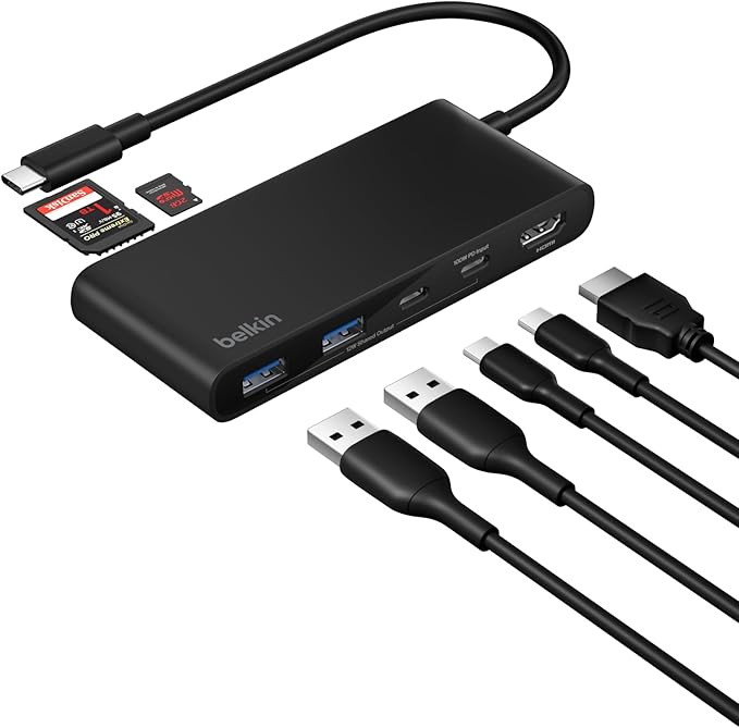 Belkin USB C Hub 7-Port Hub w/ 4K HDMI Display @ 60Hz SD &amp MicroSD 100W Power Delivery Fast Data Transfer 5Gbps USB C Multiport Adapter for MacBook iPad Pro Chromebook etc. - Upgraded HDMI