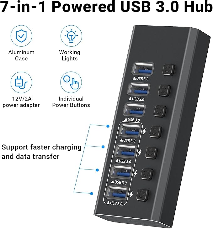 Powered USB Hub 3.0 GKEAPZA 7-Port USB 3.0 Hub [Durable Aluminum] 7 Data Transfer Ports+ 4 Smart Charging Ports with Individual On/Off Switches USB Hub 3.0 Powered with Power Adapter for Laptop PC