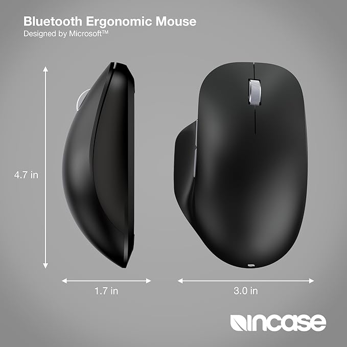 Incase Bluetooth Ergonomic Mouse – Designed by Microsoft – Two Thumb Buttons Easy to Grip Thumb Rest Precision Tracking Connects 3 Devices 15 Month Battery Life Mac/Windows PCs/Laptops (Black)