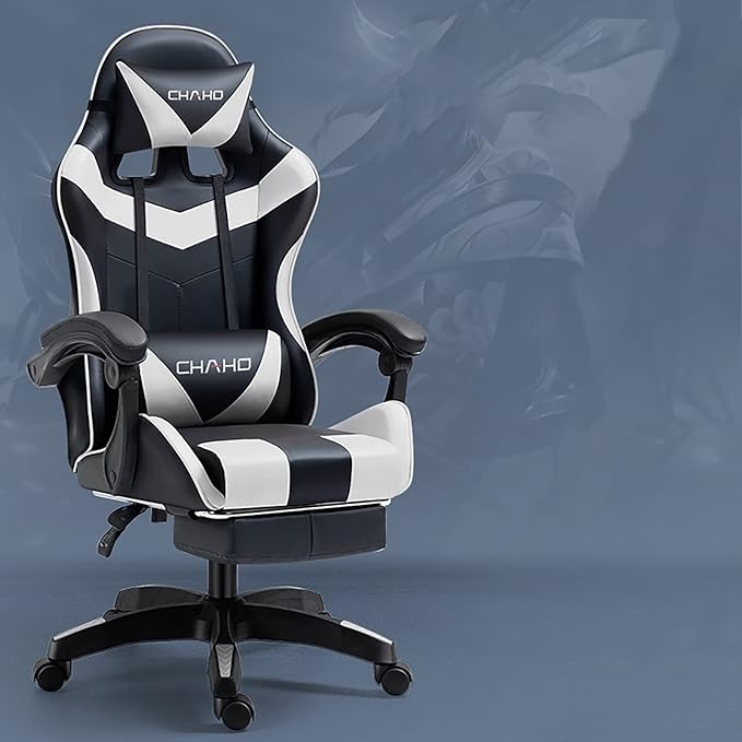 Gaming Chair Computer Chair with Footrest and Lumbar Support Height Adjustable Game Chair with 360°-Swivel Seat and Headrest and for Office or Gaming (WhiteV-Style)
