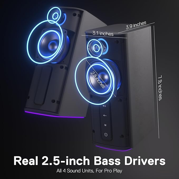 Redragon GS814 Stereo Desktop Speaker 20W Output 4 Real Units BT 5.0/3.5mm AUX Enhanced Bass Touch-Control Dynamic RGB Lighting