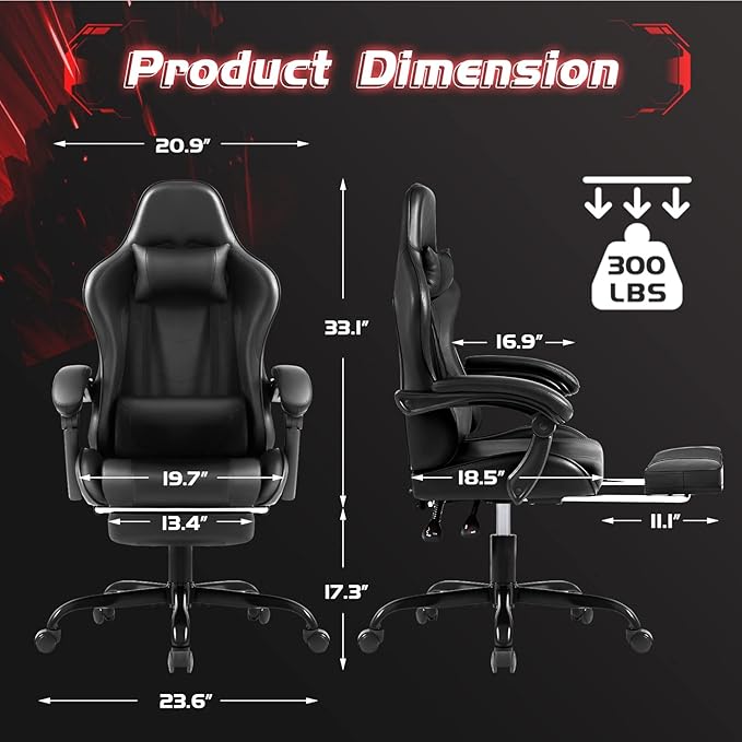 Shahoo Gaming Chair Video Gaming Chair with Footrest and Lumbar Support Ergonomic Computer Chairs with 360° Swivel and Height Adjustable Spin Chair with Headrest for Home Office Study Room (Black)