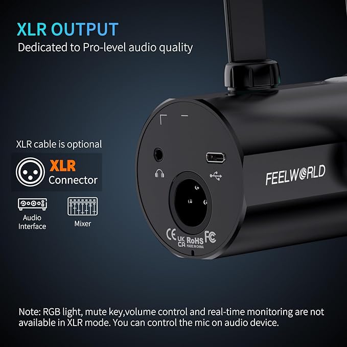 FEELWORLD PM1 XLR USB Dynamic Microphone Gifts for Podcast Recording PC Computer Gaming Live Streaming Vocal Voice-Over Studio Metal Mic with Voice-Isolating RGB Light Mute Button Headphones Jack