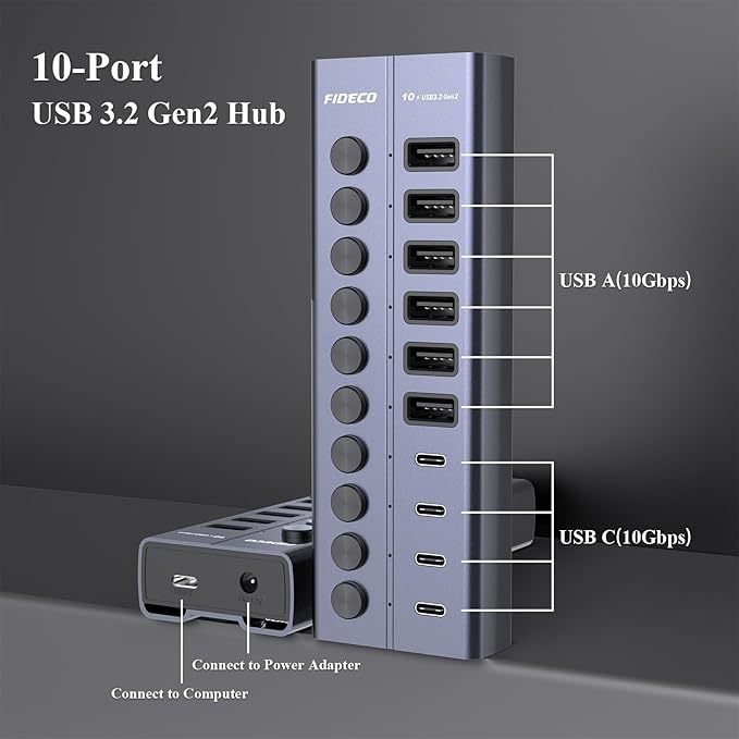 FIDECO 60W Powered USB Hub for Laptop and PC 10-Port 10Gbps USB Splitter with 12V 5A Power Adapter Aluminum USB 3.2 Gen 2 Multiport Adapter 6 USB-A and 4 USB-C Ports Support BC1.2 Charging