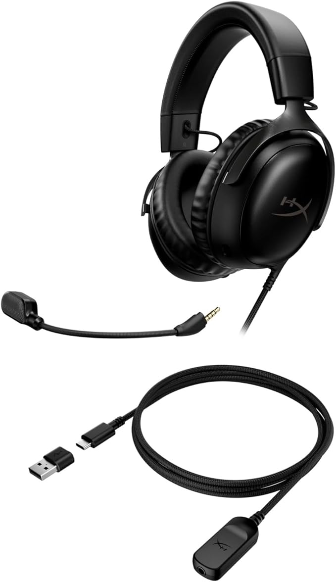 HyperX Cloud III – Wired Gaming Headset PC PS5 Xbox Series X|S Angled 53mm Drivers DTS Spatial Audio Memory Foam Durable Frame Ultra-Clear 10mm Mic USB-C USB-A 3.5mm – Black
