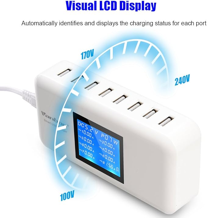 60W/12A 8-Port Desktop Charging Station Multiple USB Multi Port Travel Fast Wall Charger Hub with LCD for Smart Phones Tablet and More (White)
