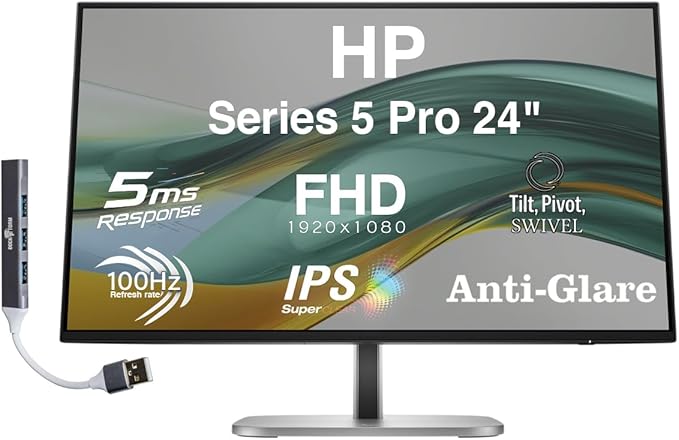HP Series 5 Pro 24 FHD Monitor with 100 Hz 350 Nits WUXGA IPS 5ms Anti-Glare Flicker Free VESA Mount (100mm) Adjustable Height Swivel Pivot &amp Dockztorm USB Port Expander | Black/Silver