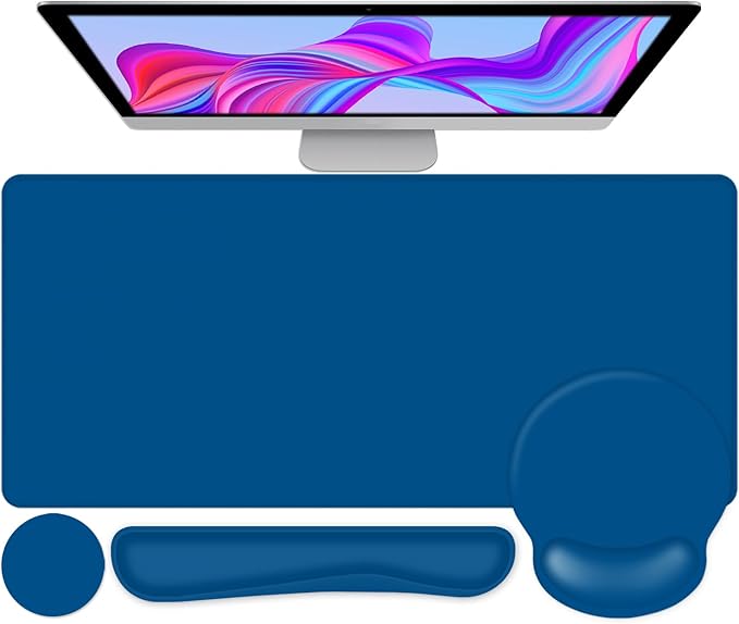 4 PCS Mouse Pad Desk Mat Protector Keyboard Wrist Rest + Comfortable Mouse Pad with Wrist Rest +Coaster Large Gaming Mousepad for Computer Laptop 35.4X 15.7 Deskpad for Office Home I Dark Blue