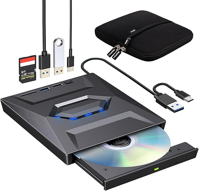 ROOFULL External CD DVD Drive with USB 3.0 Type-C Ports + SD Card Slot + Carrying Case for Laptop PC CD DVD +/-RW Reader Writer Burner Player ROM Optical Disk Drive for Windows Mac Linux Computers