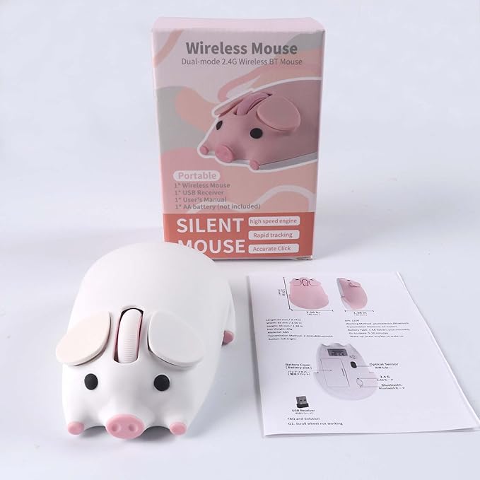 Wireless Bluetooth Mouse Cute Animal Pig Shape Dual Mode Kawaii Silent Portable Lightweight 3-Button 1200DPI Wireless Mouse Battery Powered Gift for Kids Boys Girls for PC Laptops Tablets (White)
