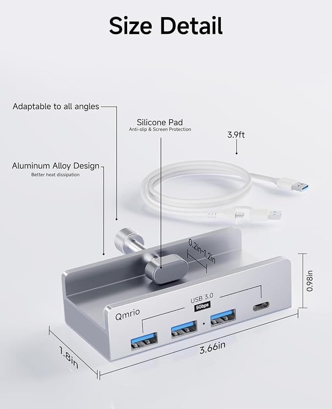 USB Hub 3.0 5Gbps Clamp USB Hub for Desk/Monitors with Extra Power Supply Port 3 USB-A Data Ports USB-C Data Port for iMac Pro/iMac (Silver)