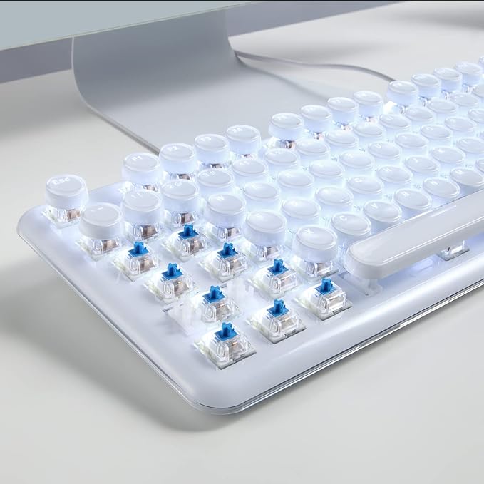 Gaming Keyboard with Retro Punk Typewriter Style. Blue Switch Stylish White Backlight and White Mechanical Keyboard Wired USB-A. for Game and Work.