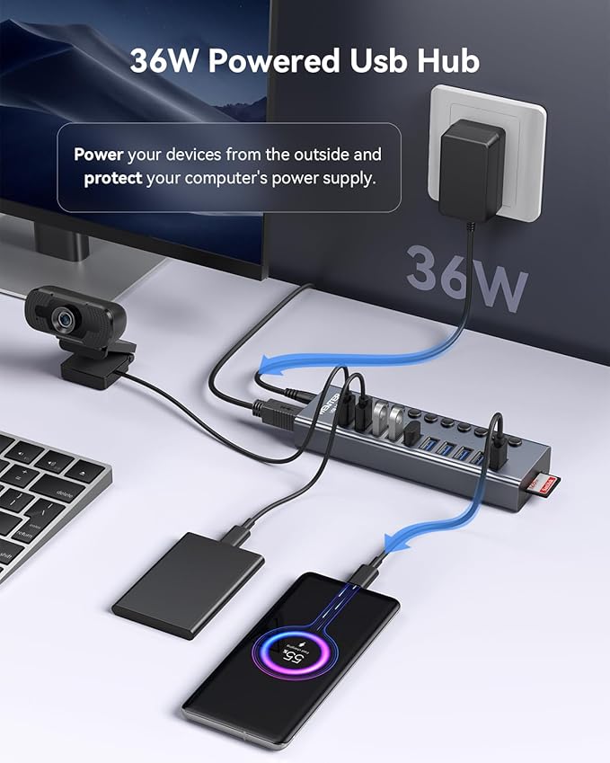 WENTER Powered USB Hub 3.0 with SD/TF Card Reader Aluminum 10 Port Powered USB Hub (9 USB 3.0 Data Transfer Port &amp 1 USB Fast Charging Port Hub) USB 3.0 Hub for PC Laptop