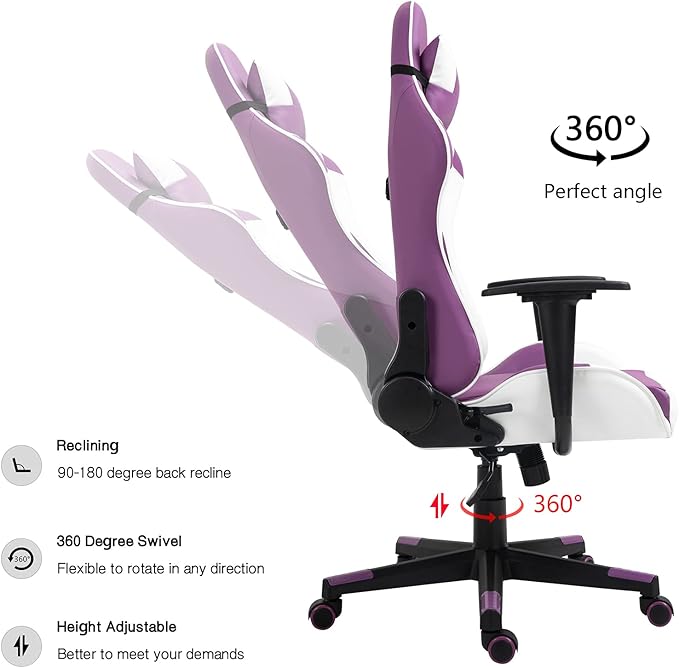 Modern-Depo Gaming Chair with Headrest and Lumbar Support Height Adjustable Swivel Office Chair High-Back Recliner Purple White