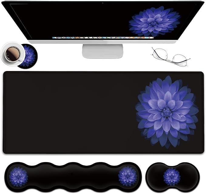 Ergonomic Mouse Pad Set Desk Mat(31.5×11.8 in) + Keyboard Wrist Rest Support + Mouse Wrist Rest + Coasters for OfficeHomeComputerLaptop -Purple Flowers Cute Black Gaming Large Mousepads XXL
