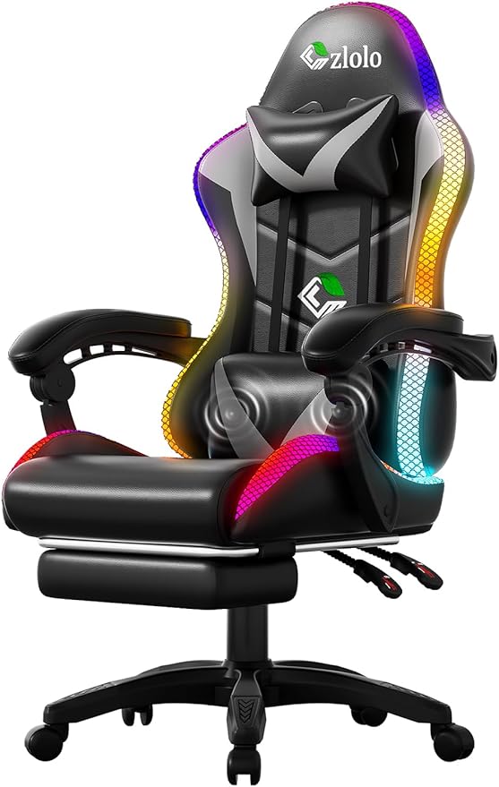 Gaming Chair RGB LED Lights Computer Chair with Footrest Lumbar Support Massager Gamer Chair High Back 90-135° Reclining Linkage Armrests Gray