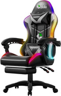 Gaming Chair RGB LED Lights Computer Chair with Footrest Lumbar Support Massager Gamer Chair High Back 90-135° Reclining Linkage Armrests Gray