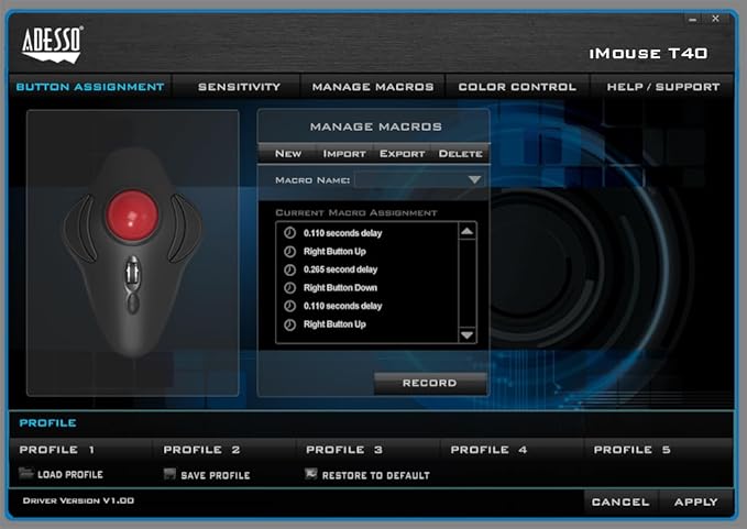 Adesso iMouse T40 Wireless Ergonomic Finger Trackball Mouse with Nano USB Receiver Programmable 7 Button Design and 5 Level DPI Switch for Left and Right Hand