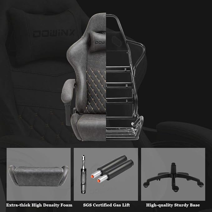 Dowinx Gaming Chair Big and Tall Ergonomic Game Chair for Adults with Footrest and Massage Lumbar Support High Back Computer Gamer Chair PU Leather 350Lbs for Office Home Grey