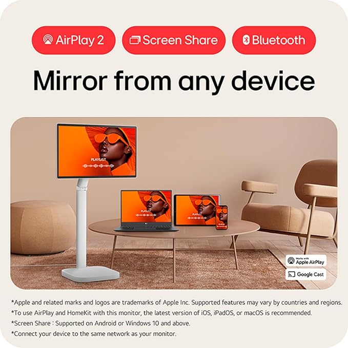 LG Swing 31.5 32U889SA 4K UHD IPS Smart Monitor Eyecare with Touchscreen Rolling Stand webOS AirPlay 2 + Screen Share Built-in Speaker HDMI USB-C 65W Tilt/Height/Swivel/Pivot Stand White