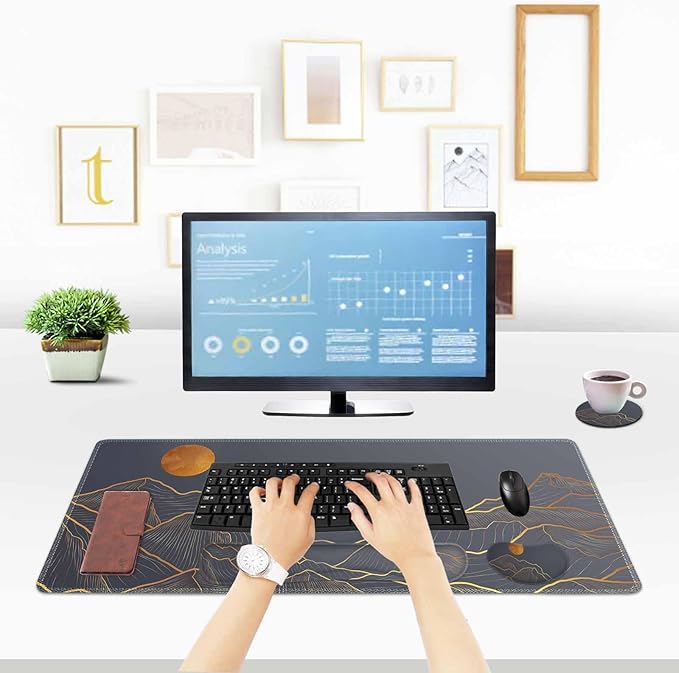 ToLuLu Extended Gaming Mouse Pad Memory Foam Ergonomic Keyboard Mouse Wrist Rest Support Set Large Desk Mat with Stitched Edges Non-Slip Base Mousepad for Home Office and Game Golden Mountain