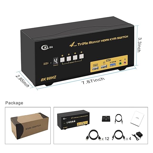 CKLau Triple Monitor HDMI KVM Switch 4 Port with Cables Microphone Audio USB 3.0 Hub Digital Display Supports 8K@60Hz 4K@144Hz Emulation EDID Hotkey Function