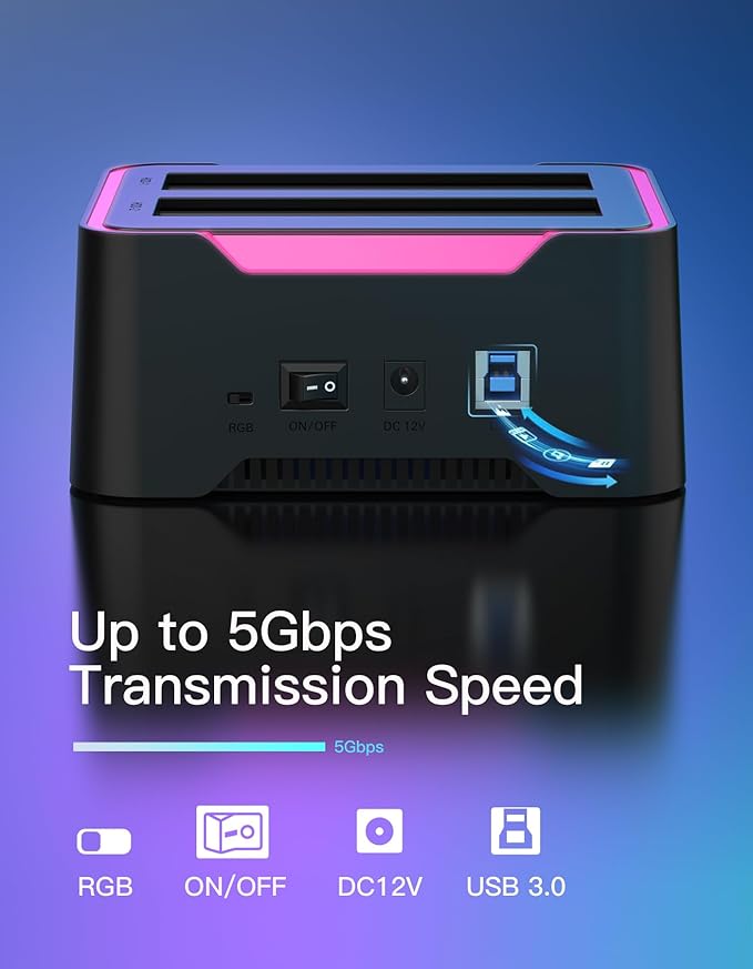 Inateck RGB SATA to USB 3.0 Hard Drive Docking Station with Offline Clone for 2.5 and 3.5 Inch SATA HDD and SSD Supports UASP SA02004 Black