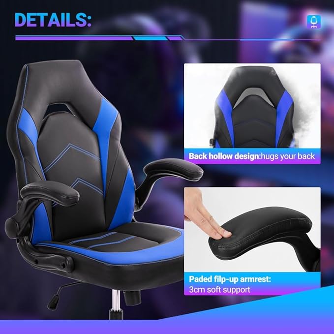 Heavy Duty Gaming Chair Ergonomic Gamer for Home Office with Lumbar Support Adjustable Backrest Flip-Up Armrest and Stable 360° Swivel Wheels for Adults Professional Gamers and Teens Black-Blue