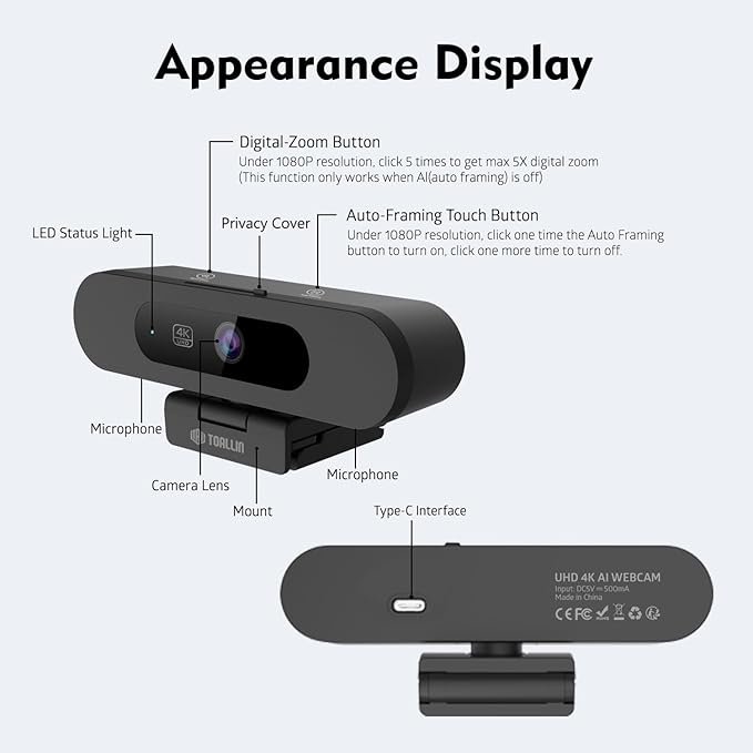 TOALLIN 4K AI Webcam with WDR Auto Light Correction AI Tracking with Auto-Framing Auto-Focus 5X Adjustable Digital Zoom Built-in Dual Noise-Canceling Mics 92° FOV Webcam for Online Video Calls