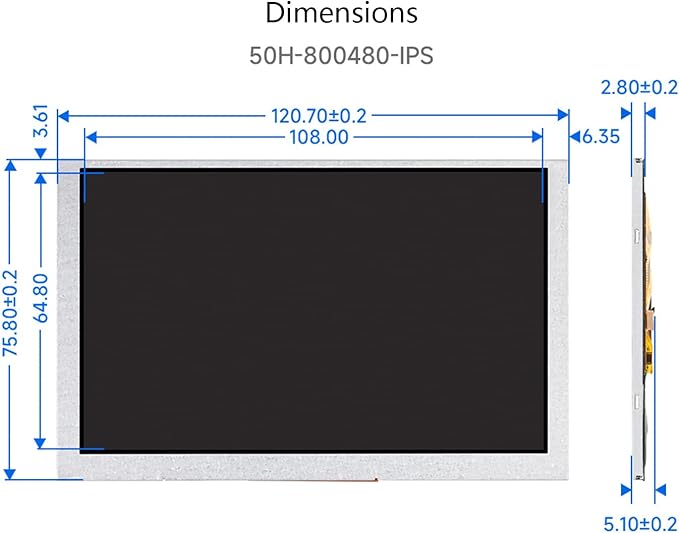 5inch DSI LCD Display 800 x 480 IPS Screen Thin and Light Design 160°Viewing Angle Adjustable Brightness Via Software for Raspberry Pi 4B/3B+/3A+/3B/2B/B+/A+ Compute Module 4/3/3+ (No Touch)