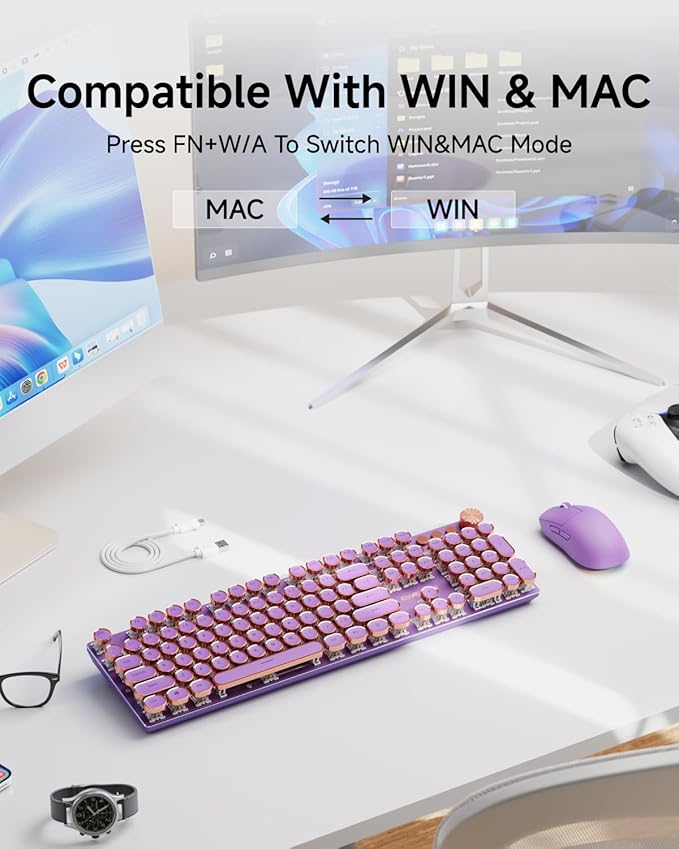 EWEADN Typewriter Style Mechanical Keyboard Wired Typewriter Keyboards104 Keys Backlit LED Metal Keyboards Media Control Knob Wired Computer Keyboard Pink Switch for Windows/Mac/PC-Purple