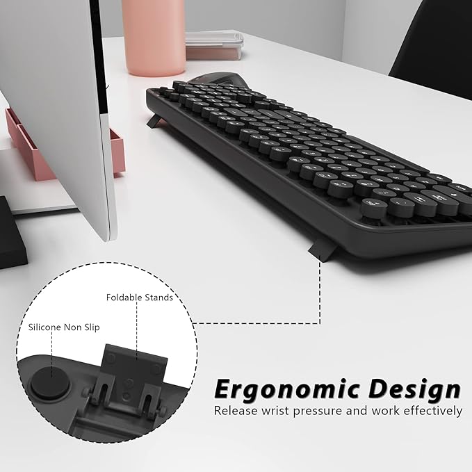 Wireless Keyboard and Mouse KOOTOP Cute Black Keyboard and Mouse 2.4G Wireless Keyboard with Retro Round Keycap for PC Mac LaptopTabletComputer Windows (Black)