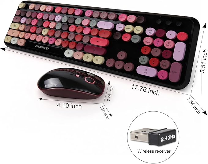 Wireless Keyboard and Mouse Combo 2.4 GHz Full-Sized Typewriter Keyboard and Mouse Wireless with Round Keycaps for Windows Computer Desktop PC Laptop (New BlackColorful)
