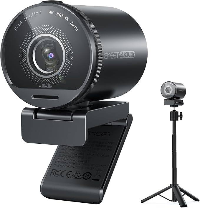 EMEET SmartCam S800-4K Webcam with Tripod for Streaming Sony 1/2'' Sensor Supports HDR PDAF&ampTOF Dual-autofocus 1080P@60FPS Adjustable Heights with 360° Swivel Head Perfect for Live Streaming