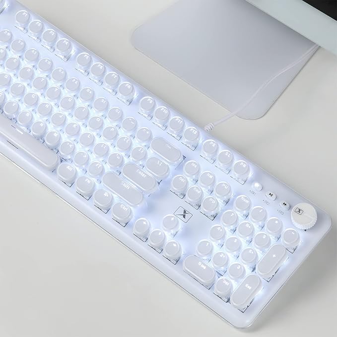 Gaming Keyboard with Retro Punk Typewriter Style. Blue Switch Stylish White Backlight and White Mechanical Keyboard Wired USB-A. for Game and Work.