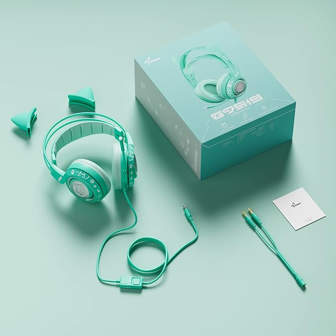 SOMIC G951S Green Gaming Headset with Microphone for PS4 PS5 Xbox One PC Cat Ear Headphones Over Ear with in-Line Mic Control Stereo Sound for Girls Woman