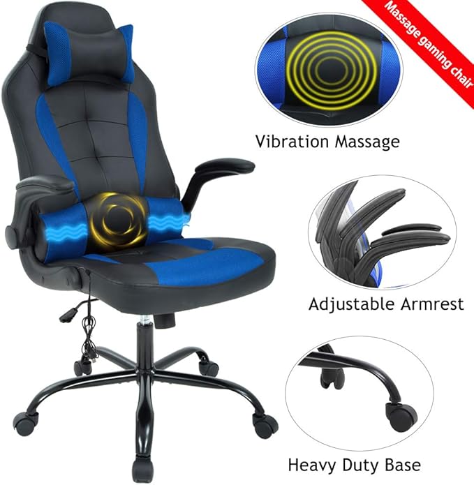 Ergonomic Gaming Office Chair - High Back Executive Computer Chair with Lumbar Support &amp Flip-Up Arms PU Leather Adjustable Swivel Chair for Women/Men Height Adjustable Massage Desk Chair (Blue)