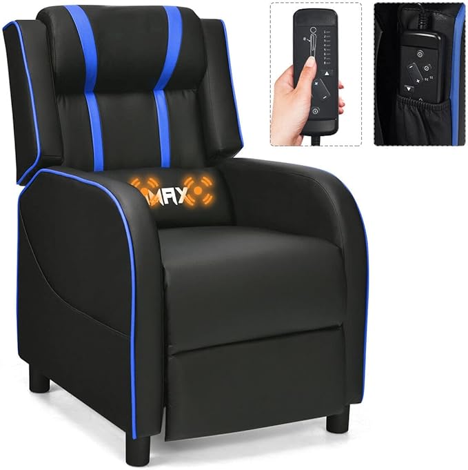 8AM Office Gaming Massage Recliner Sofa Ergonomic PU Leather Gaming Recliner Sofa with Footrest Lumber Support Side Pouch &amp Remote Control for Gaming Living Room Theater (Blue)