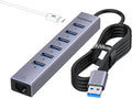 FORIDA Aluminum USB to Ethernet Adapter with 7-Port USB Hub – 3.9ft Long Cable Gigabit Ethernet Port 5V/3A Power Port | USB Extender Compatible with Windows macOS Linux &amp More
