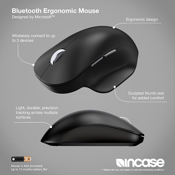 Incase Bluetooth Ergonomic Mouse – Designed by Microsoft – Two Thumb Buttons Easy to Grip Thumb Rest Precision Tracking Connects 3 Devices 15 Month Battery Life Mac/Windows PCs/Laptops (Black)