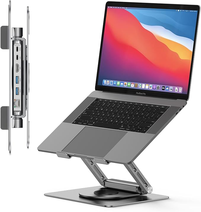 Tobenone Laptop Docking Station Stand for MacBook Pro/Air/Dell/HP/Surface/Lenovo Mac Docking Station with 4K HDMI USB 3.0 RJ45 PD 3.0 USB C Laptop Stand Hub for Desk with 360 Rotating Base Grey