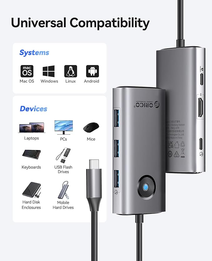 ORICO USB C Docking Station 6-in-1 Laptop Docking Station with HDMI 4K@30Hz 100W PD USB-A&ampC 3.0 USB C Dock Compatible with MackBook/Dell XPS/HP/Surface