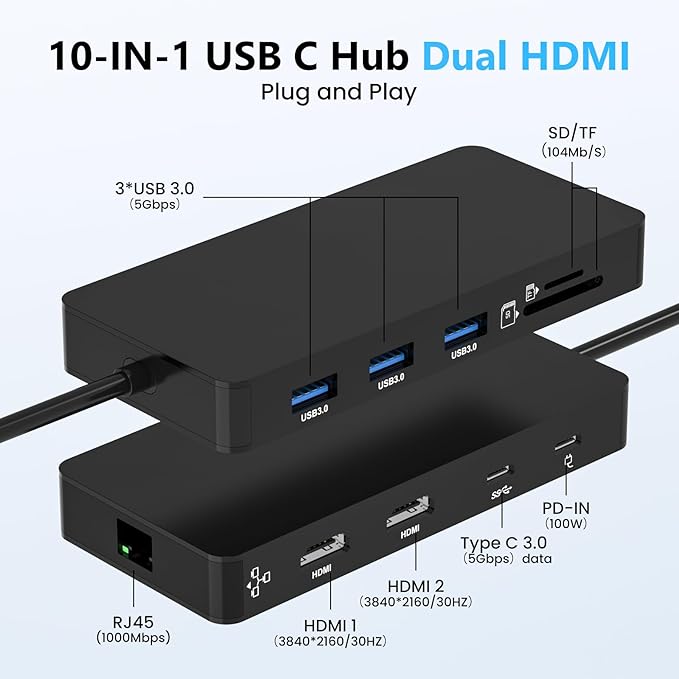 Laptop Docking Station Dual 4K HDTV Monitor Fophmo USB C to 2 HDTV Splitter Extended Display 1000Mbps LAN USB A&ampC 3.0 Ports(10Gbps) SD/TF Card 100W PD Charging MacOS Only Mirrors Same Screen