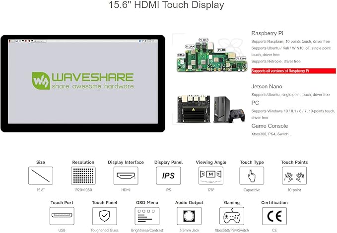 waveshare 15.6inch Capacitive Touch Screen LCD Compatible with Raspberry Pi 4B/3B+/3A+/2B/B+/A+/Zero/Zero W/WH/Zero 2W CM3+/4 1920×1080 Resolution HDMI IPS Supports Jetson Nano/Windows