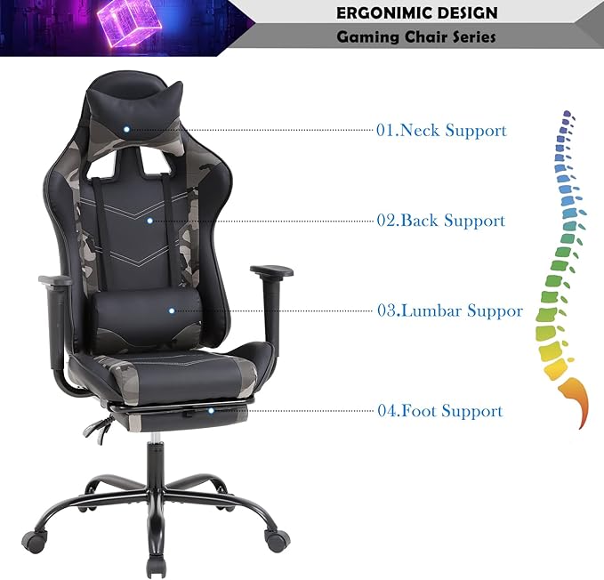 Office Gaming Chair Pu Leather Comfortable Gaming Chair for Adults Gamin Chair with Headrest &amp Lumbar Support Office Chair with Foot Rest &amp Armrest Height Adjustable Computer Chair(Camo)