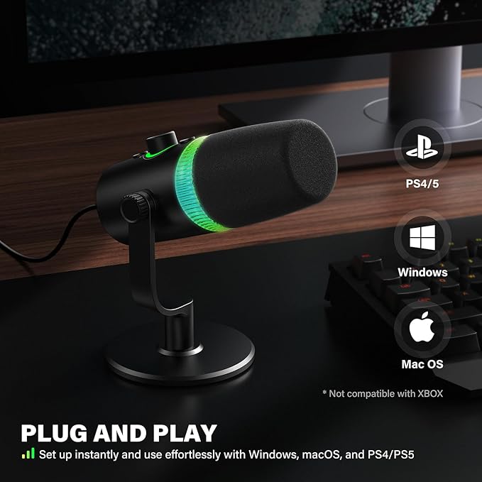 USB/XLR Dynamic Microphone Podcast &amp Gaming Microphone for PC Vocal Mic with RGB Lighting Tap-to-Mute Gain Control &amp Headphone Monitoring for YouTube Streaming